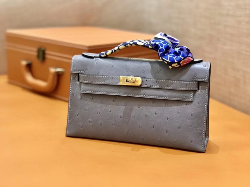 爱马仕 MiniKelly 迷你凯莉 冰川蓝 冰川灰 鸵鸟皮 1代 金扣 22cm - Image 2