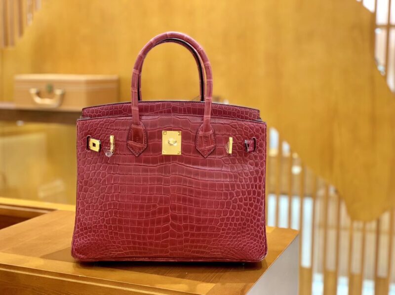 爱马仕 Birkin 铂金包 石榴红 倒V 一级皮 湾鳄鱼皮 臻品级别 金扣 30cm