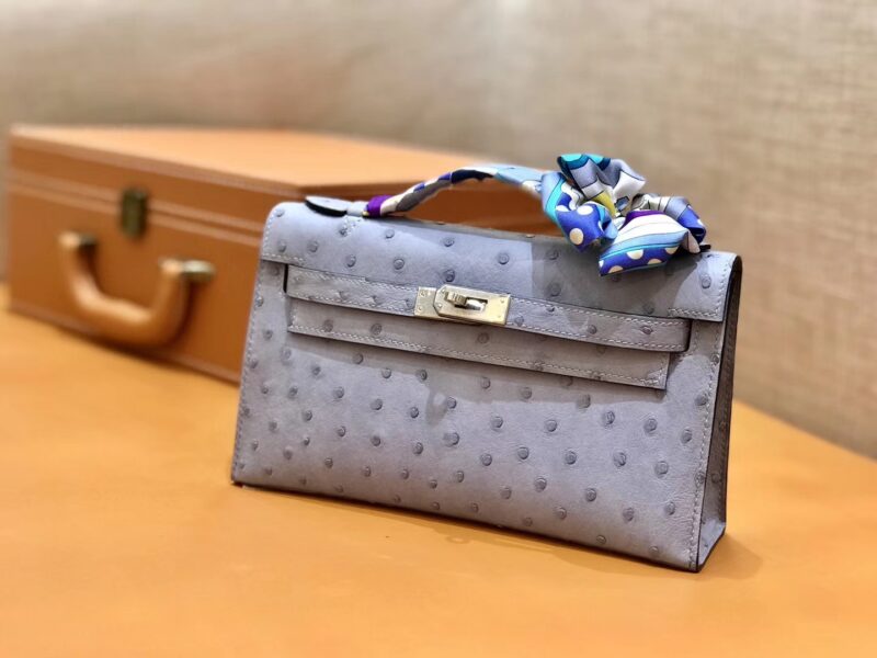 爱马仕 MiniKelly 迷你凯莉 亚麻蓝 鸵鸟皮 1代 金扣 22cm - Image 2
