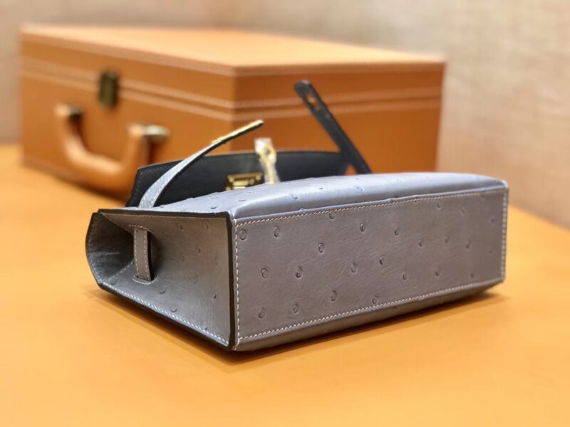 爱马仕 MiniKelly 迷你凯莉 冰川蓝 冰川灰 鸵鸟皮 1代 金扣 22cm - Image 6