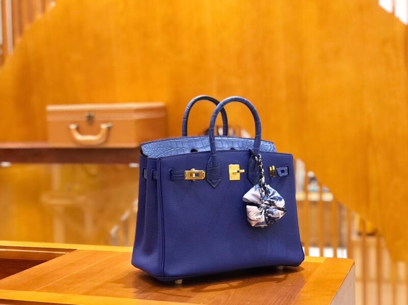 爱马仕 Birkin 25cm 琉璃蓝 金扣 尼罗鳄鱼皮拼Togo牛皮 原版蜜蜡线 现货 - Image 2