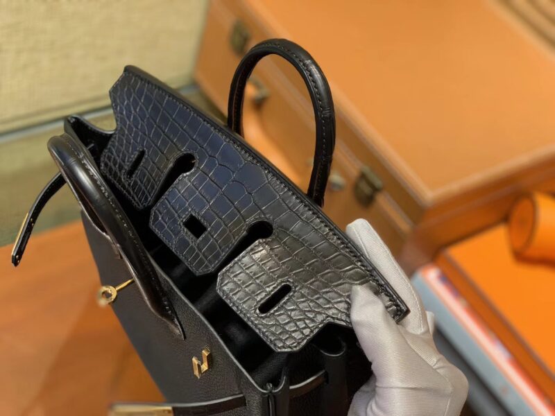 爱马仕 Birkin 铂金包 经典黑 鳄鱼皮拼德国togo牛皮 全手工缝制 金扣 25cm - Image 2