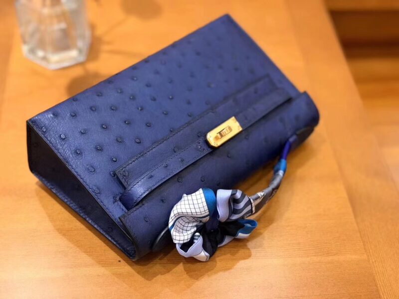 爱马仕 miniKelly 迷你凯莉 鸢尾蓝 南非kk级鸵鸟皮 金扣 22cm 1代 原版蜜蜡线 顶级手工 - Image 5