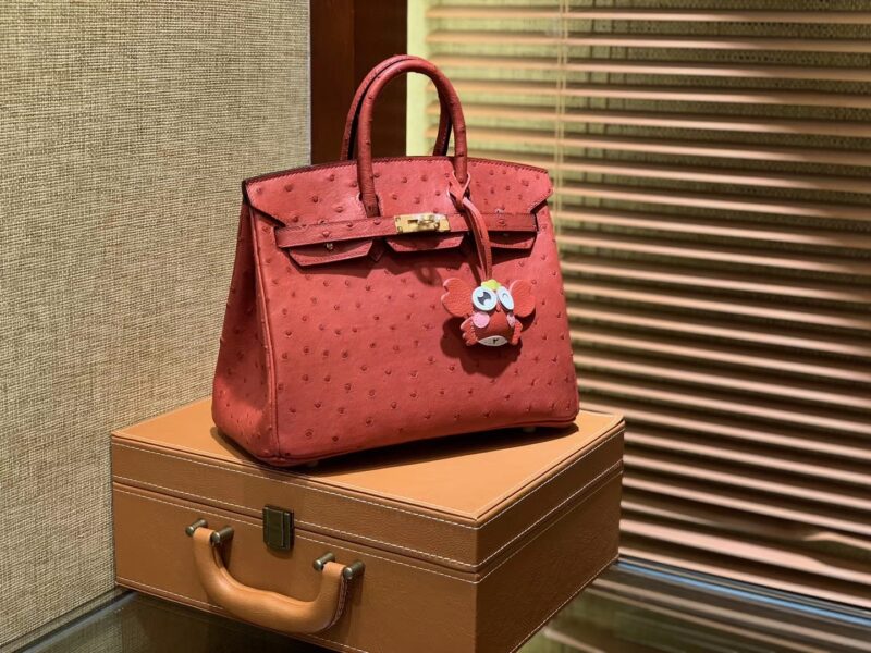 爱马仕 Birkin 25cm 大红色 南非进口鸵鸟皮 顶级手缝工艺 金扣 - Image 6