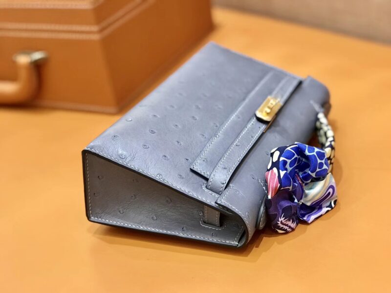爱马仕 MiniKelly 迷你凯莉 冰川蓝 冰川灰 鸵鸟皮 1代 金扣 22cm - Image 4