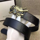 GUCCI 古奇新款 双面进口平纹头层牛皮 抛光仿古铜 金属扣头 黑色