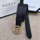 GUCCI 古奇双G 原版牛皮荔枝纹 金属腰带扣 超凡品味 进口牛皮 黑色