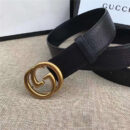 GUCCI 古奇双G 原版牛皮荔枝纹 金属腰带扣 超凡品味 进口牛皮 黑色