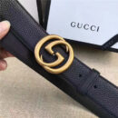 GUCCI 古奇双G 原版牛皮荔枝纹 金属腰带扣 超凡品味 进口牛皮 黑色