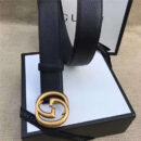 GUCCI 古奇双G 原版牛皮荔枝纹 金属腰带扣 超凡品味 进口牛皮 黑色