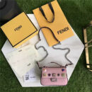 FENDI 1765 17新款小牛皮彩色铆钉包 两面开合 双F扣链条包 粉色