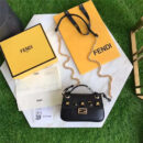 FENDI 1765 17新款小牛皮彩色铆钉包 双MICRO BAGUETTE 双F扣链条包 黑色黑金铆钉