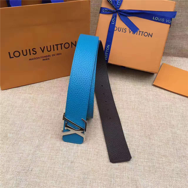 LV皮带 原单品质 专柜新包装 进口牛皮 手工缝线 双面可用 湖蓝色