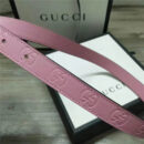 Gucci 新款 进口原版小牛皮压花 女士腰带 双G扣头 双面可用 粉色金扣