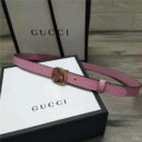 Gucci 新款 进口原版小牛皮压花 女士腰带 双G扣头 双面可用 粉色金扣