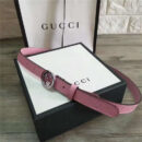 Gucci 新款 进口原版小牛皮压花 女士腰带 双G扣头 双面可用 粉色银扣