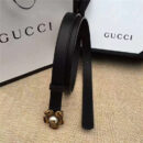 Gucci 新款 原版牛皮 山茶花中间镶珍珠双G 女士腰带 黑色