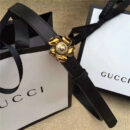 Gucci 新款 原版牛皮 山茶花中间镶珍珠双G 女士腰带 黑色