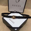 Gucci 新款 原版牛皮 山茶花中间镶珍珠双G 女士腰带 黑色