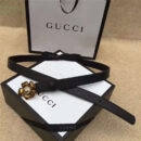 Gucci 新款 原版牛皮 山茶花中间镶珍珠双G 女士腰带 黑色