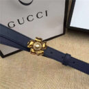 Gucci 新款 原版牛皮 山茶花中间镶珍珠双G 女士腰带 藏蓝色