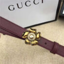Gucci 新款 原版牛皮 山茶花中间镶珍珠双G 女士腰带 棕红色