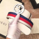 Gucci 新款 双G带扣 Sylvie织布真皮腰带 情侣款 白色