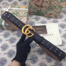 Gucci 古驰 欧洲专柜新款 纯手工镶钉 原版古铜金属扣头 双G腰带 纯黑