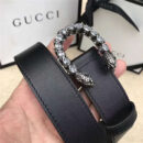 GUCCI 古驰 2017畅销女款 双面进口平纹 头层牛皮 龙头花纹扣 黑带白钻银扣