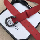 GUCCI 古驰 2017畅销女款 双面进口平纹 头层牛皮 龙头花纹扣 红带白钻银扣