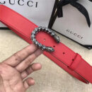 GUCCI 古驰 2017畅销女款 双面进口平纹 头层牛皮 龙头花纹扣 红带白钻银扣