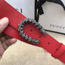 GUCCI 古驰 2017畅销女款 双面进口平纹 头层牛皮 龙头花纹扣 红带白钻银扣
