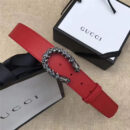 GUCCI 古驰 2017畅销女款 双面进口平纹 头层牛皮 龙头花纹扣 红带白钻银扣