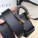 GUCCI 古驰 2017畅销女款 双面进口平纹 头层牛皮 龙头花纹扣 黑带蓝钻金扣