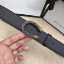 GUCCI 古驰 2017畅销女款 双面进口平纹 头层牛皮 龙头花纹扣 黑带蓝钻金扣