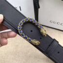 GUCCI 古驰 2017畅销女款 双面进口平纹 头层牛皮 龙头花纹扣 黑带蓝钻金扣