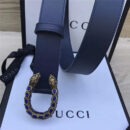 GUCCI 古驰 2017畅销女款 双面进口平纹 头层牛皮 龙头花纹扣 蓝带蓝钻金扣