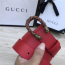 GUCCI 古驰 2017畅销女款 双面进口平纹 头层牛皮 龙头花纹扣 红带红钻金扣