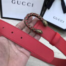 GUCCI 古驰 2017畅销女款 双面进口平纹 头层牛皮 龙头花纹扣 红带红钻金扣