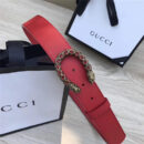 GUCCI 古驰 2017畅销女款 双面进口平纹 头层牛皮 龙头花纹扣 红带红钻金扣