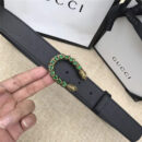 GUCCI 古驰 2017畅销女款 双面进口平纹 头层牛皮 龙头花纹扣 黑带绿钻金扣