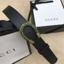 GUCCI 古驰 2017畅销女款 双面进口平纹 头层牛皮 龙头花纹扣 黑带绿钻金扣