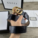 GUCCI 新款 进口头层牛皮压鳄鱼纹 双G带扣 女士腰带 黑色