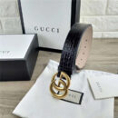 GUCCI 新款 进口头层牛皮压鳄鱼纹 双G带扣 女士腰带 黑色