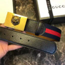 Gucci 古驰 爆款 织带拼皮 虎头图案五金搭扣 男士腰带 红蓝织带黑皮