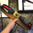 Gucci 古驰 爆款 织带拼皮 虎头图案五金搭扣 男士腰带 红蓝织带黑皮