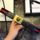 Gucci 古驰 爆款 织带拼皮 虎头图案五金搭扣 男士腰带 红蓝织带黑皮