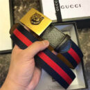 Gucci 古驰 爆款 织带拼皮 虎头图案五金搭扣 男士腰带 红蓝织带黑皮