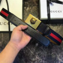 Gucci 古驰 爆款 织带拼皮 虎头图案五金搭扣 男士腰带 红蓝织带黑皮