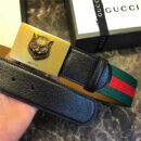 Gucci 古驰 爆款 织带拼皮 虎头图案五金搭扣 男士腰带 红绿织带黑皮